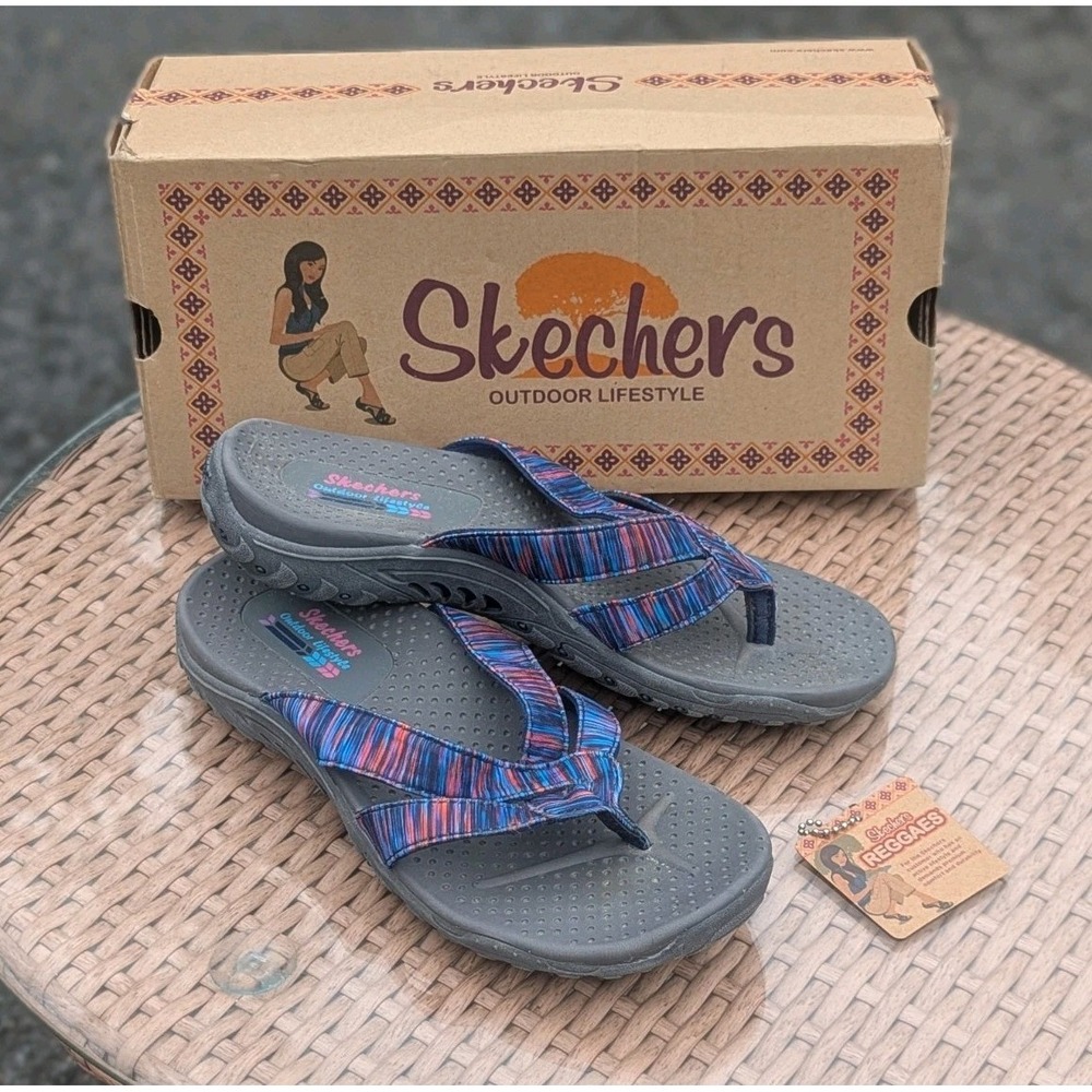 Y2K Sporty Outdoor Skechers Reggae Sandals Striped Thong Slides Womens Size 6
